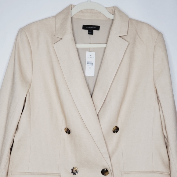 Ann Taylor Double-Breasted Blazer 12 Tall Herringbone Linen Blend Jacket NEW - Picture 4 of 14
